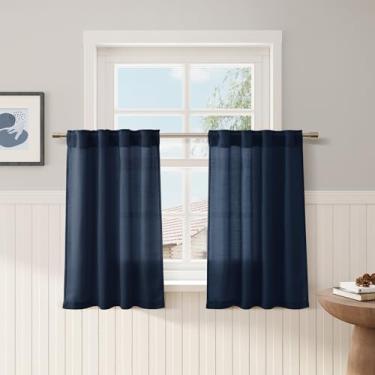 Imagem de Cortinas de café de linho azul jeans 61 cm de comprimento privacidade filtragem de luz semitransparente porta frontal pequena cortina de janela traseira bolso haste cortinas curtas plissadas para