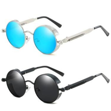 Imagem de KIT 2 Óculos de sol de Steampunk Masculino Design Retrô Redondo Vintage UV400