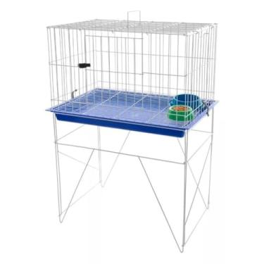 Imagem de Gaiola para coelho com bandeja removível e comedouro inox, cercado para porquinho da Índia e roedores com teto, gaiola doméstica para pets fácil de limpar e adequada para gato pequeno (Azul com pé)