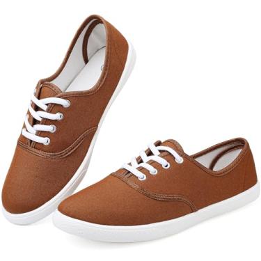 Imagem de Chaoslook Tênis feminino de lona branco leve com cadarço moderno confortável sapatos de lona cano baixo sem cadarço casual tênis caminhada calçados femininos, Marrom, 35