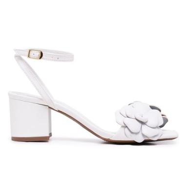 Imagem de Sandália Bico Quadrado LeRUCHEL Flor Salto Grosso Branca Fem, 37