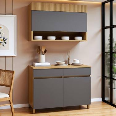 Imagem de Cozinha Completa Modulada 2 Peças 3 Portas 2 Gavetas 100% Mdf Realeza Premium Carvalho/Titânio