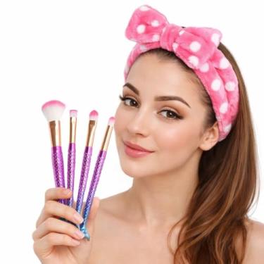 Imagem de Kit de Pincéis de Maquiagem Sereia com 4 Peças e Faixa Tiara de Cabelo com Laço, Design Cauda de Sereia, Cerdas Macias, Acabamento Metálico Colorido, Essencial para a sua Maquiagem Skin Care