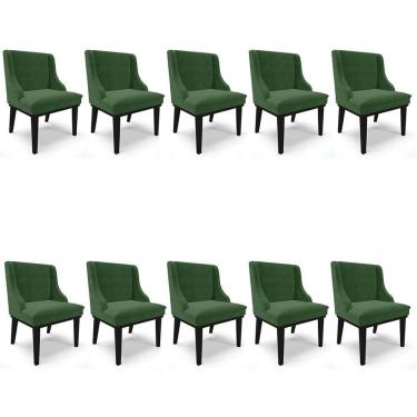 Imagem de Kit 10 Cadeiras Estofadas Para Sala De Jantar Base Fixa De Madeira Preto Lia Suede Verde - Ibiza