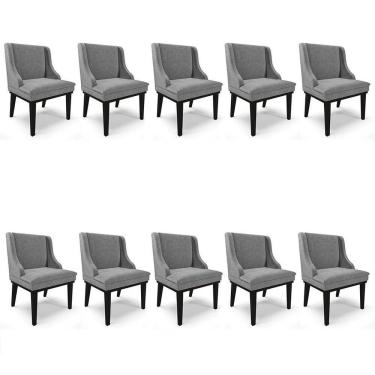 Imagem de Kit 10 Cadeiras Estofadas Para Sala De Jantar Base Fixa De Madeira Preto Lia Linho Grafite - Ibiza
