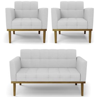 Imagem de Sofá Namoradeira E 2 Poltronas Base Madeira Castanho Ana Linho Cinza - Ibiza