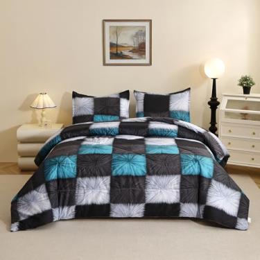 Imagem de Caressma Conjunto de edredom solteiro, xadrez branco e azul, preto e branco, quadriculado preto e fofo, decoração de casa para todas as estações