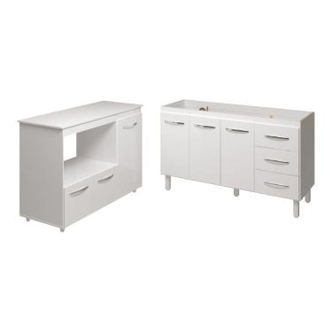 Imagem de Balcão Armário Cozinha Carine Gabinete de Pia 140 cm e Balcão Lilian para Forno Elétrico e Microondas Branco