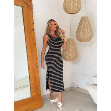 Imagem de Vestido Longo Regata Listra Navy Fenda Lateral Cor:ListradoTamanho:P -