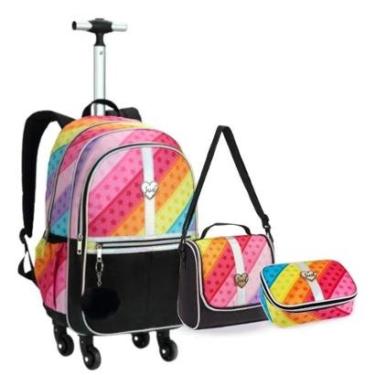 Imagem de Kit Mochila Rodinhas Escolar Lancheira Térmica Estojo Box Just Love Denlex-Feminino