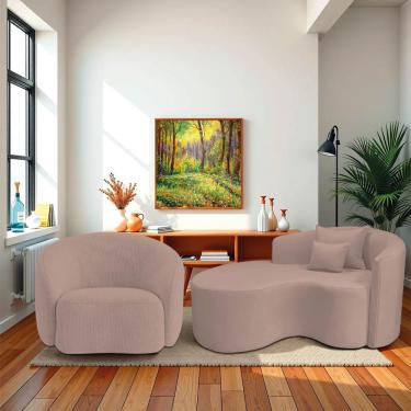 Imagem de Kit Recamier Curvo Sala De Estar Inglaterra 150cm Lado Esquerdo E Poltrona Orgânica Luxo Amore Linho Rosê