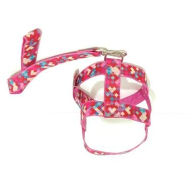 Imagem de Kit Guia com peitoral 40mm xadrez rosa 9 63 cm a 84 cm - Nica pet