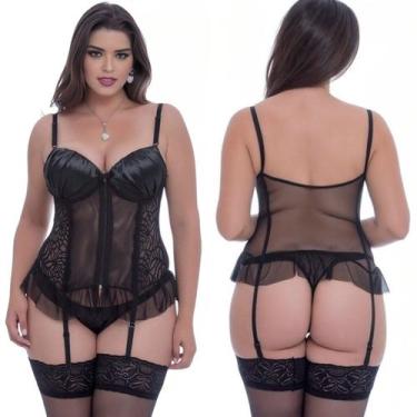 Imagem de Espartilho Sexy Sensual Preto Bordado Em Tule e Renda Com Bojo Zíper P