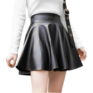 Imagem de Mini Saia TÚnico Couro PU Rodada Plissada Evasê Cintura Alta, Preto, Ú
