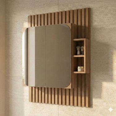 Imagem de Espelheira para Banheiro Ripada com Nichos 80cm Noce