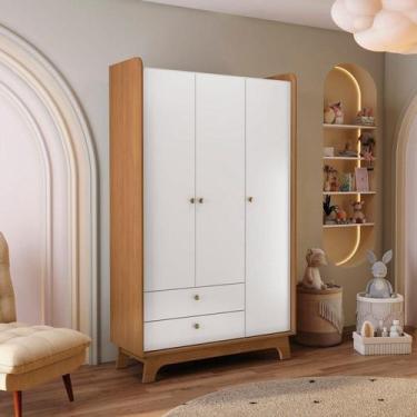 Imagem de Guarda-roupa 3 Portas e 2 Gavetas de Madeira Infantil Canela / Branco 