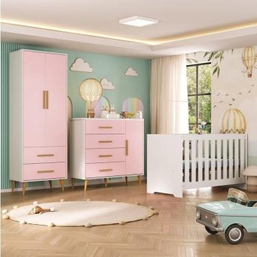 Imagem de Quarto Infantil com Guarda-roupa 2 Portas 2 Gavetas com Cômoda e Berço Magia Espresso Móveis Branco/Rosa