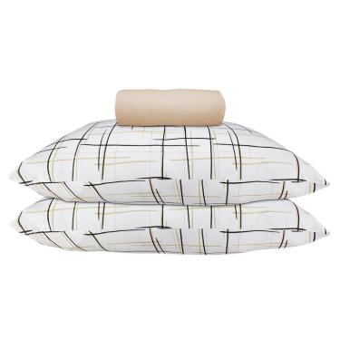 Imagem de Kit Jogo de Lençol Bruxelas Queen 3 Peças 100% Algodão com Elástico Bege