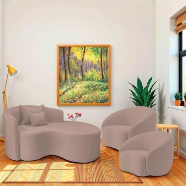 Imagem de Kit Recamier Curvo Sala De Estar 150cm Lado Direito E 2 Poltronas Orgânica Luxo Amore Linho Rosê