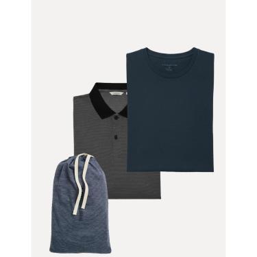Imagem de Kit Polo e Camiseta Dudalina Masculina Azul Marinho Listrado e Azul Marinho-Masculino