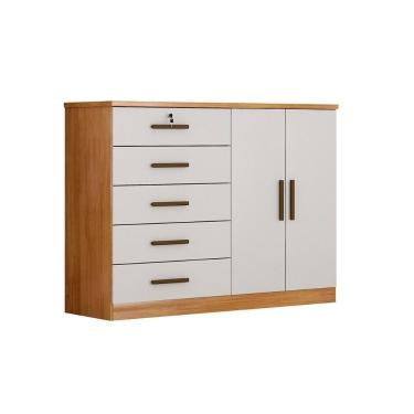 Imagem de Cômoda Casal Space Novo Horizonte 5 Gavetas 2 Portas MDF Puxador Metálico Branco com Trava