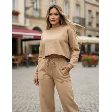 Imagem de Conjunto Moletom Cropped Com Calça Pantalona Abrigo Moda Feminina Bols