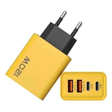 Imagem de Carregador Celular Turbo 120w 4 Portas Usb A Tipo C Amarelo - LuizMaga