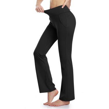 Imagem de Calça feminina com 2 bolsos de cintura alta calça de trabalho calça bootcut de ioga_Preto||S