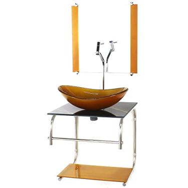 Imagem de GABINETE DE VIDRO CUBA OVAL 40CM INOX MARMORE PRETO DOURADO COM TORNEIRA CROMADA