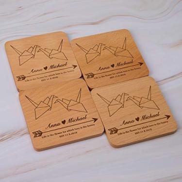 Imagem de Porta-copos de madeira de faia com monograma personalizado para bebidas – Presentes de casamento personalizados para presentes de chá de panela – Conjunto de porta-copos personalizado, #6 Paper Crane Style, 6