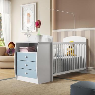 Imagem de Berço Cômoda Multifuncional Colinho de mãe com colchão incluso Multimóveis Branco / Azul