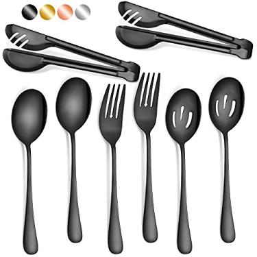 Imagem de Patelai Conjunto de 8 peças de utensílios de servir pretos de aço inoxidável de 22 cm, colheres grandes e escumadeira de 24 cm, garfos de 23 cm, talheres de festa de casamento, buffet, banquete