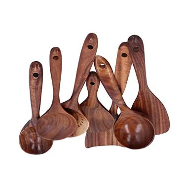 Imagem de Colheres de madeira para cozinhar, conjunto de utensílios de cozinha antiaderentes, colheres e espátulas de madeira antiaderentes para cozinhar em casa (embalagem com 7)