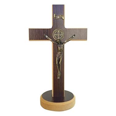 Imagem de Cruz Crucifixo em Madeira Com Medalha de São Bento De Mesa E Parede Com Base Removível 19,5cm