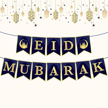 Imagem de Banner grande Eid Mubarak para casa – 3 m, sem bricolagem, decorações Happy Eid para casa | Placa Eid Mubarak azul e dourada para decorações Eid Mubarak para casa | Decorações Ramadan para casa | Eid Banner