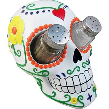 Imagem de DWK – Açúcar 'N' Spice – Dia dos Mortos, pintado à mão, caveira de açúcar, estatueta de saleiro e pimenteiro, suporte de dia de Los Muertos, decoração de casa, acessório de cozinha, conjunto de 3 peças, 18 cm
