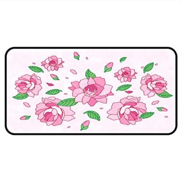 Imagem de Vijiuko Tapetes de cozinha rosa camélia flor área de cozinha tapetes e tapetes antiderrapante tapete de cozinha tapetes laváveis para chão de cozinha escritório em casa pia lavanderia interior exterior 101,6 x 50,8 cm