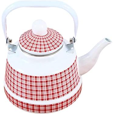 Imagem de Chaleira de chá esmaltada vintage: chaleira de chá esmaltada xadrez panela de água quente vermelha com alça ergonômica fogão a gás aço inoxidável panela fervente de água