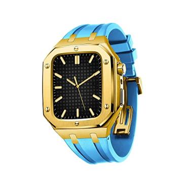 Imagem de KANUZ Capa protetora de cobertura total para pulseira de relógio Apple 45mm 44mm homens mulheres capa protetora de metal com pulseira de silicone à prova de choque choque (cor: azul