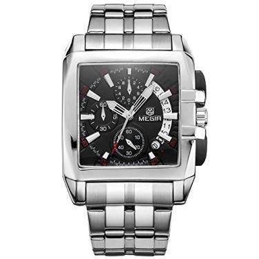 Imagem de Relógio masculino de aço inoxidável com mostrador quadrado MEGIR Fashon, relógio de pulso esportivo militar, à prova d'água, lustroso, Preto
