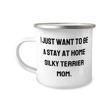 Imagem de Caneca de acampamento exclusiva de cachorro Terrier sedoso de 350 ml, I Just Want to Be a Stay at Home Silky Terrier Mom., presentes engraçados para amantes de animais de estimação,