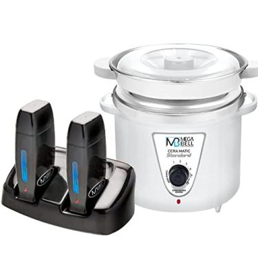 Imagem de Termocera Panela Depilação 900g c/Refil Toda Branca + Base Dupla c/ 2 Rollon Preta Mega Bell