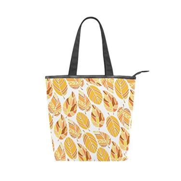 Imagem de Bolsa feminina de lona durável elegante com folhas de outono laranja grande capacidade sacola de compras bolsa de ombro