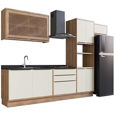 Imagem de Cozinha Completa 100% Mdf Modular Édez Une, 9 Portas, 3 Gavetas e Tampo, Off White e Louro Freijo