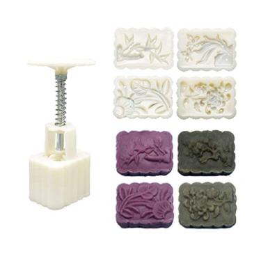 Imagem de Conjunto de carimbos de biscoito para festivais chineses de outono no meio do outono, molde de bolo de lua de feijão com 4 peças de carimbos de flores quadradas, prensado à mão