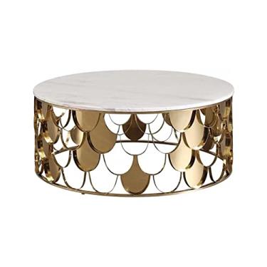 Imagem de Mesa lateral luz nórdica luxo escamas de peixe redondo vidro mármore mesa de centro moderna minimalista sala de estar mesa de chá de aço inoxidável mesa de café para sala de estar (cor: 1, tamanho: 100 x 42 cm)
