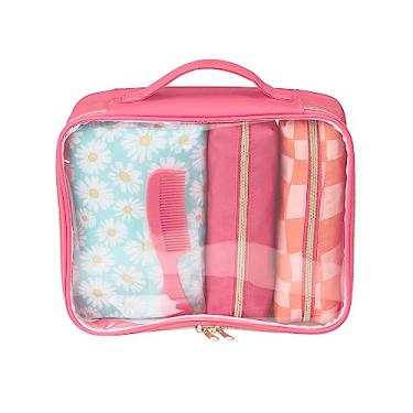 Imagem de Conair Conjunto de presente de Natal para mulheres, conjunto de bolsa de maquiagem de 5 peças, bolsa de higiene pessoal e cosmética, inclui 4 bolsas de maquiagem e 1 pente de viagem com estampa rosa e margarida