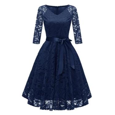 Imagem de RuuTe Vestido feminino de festa de madrinha de casamento, outono, cinto feminino, Azul marinho, P