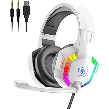 Imagem de Fone de ouvido para jogos com fio com microfone retrátil Rainbow RGB,som estéreo,espuma de memória, protetor auricular sobre a orelha,fone de ouvido para PS4,PC,Mac,Gamer Music(Branco)