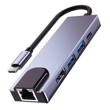 Imagem de QCEs Adaptador multiportas USB C, 5 em 1 USB C para hub Ethernet, adaptador USB C para HDMI com HDMI, porta Ethernet, porta USB 3.0, carregamento PD compatível com MacBook Pro/Air, iPad Pro, iMac, XPS